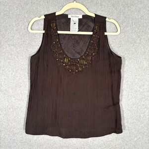 Max Mara Silk Top 6 Tank Blouse Embellished Gold Cord Textured Neutral Quiet